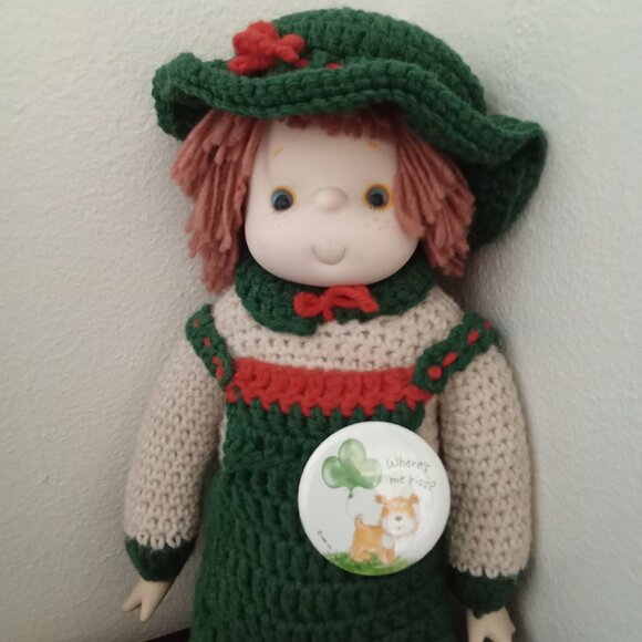 Vintage Handmade Crochet Doll Vinyl Face Red Hair Green Orange Outfit Hat 16 in - Picture 1 of 6